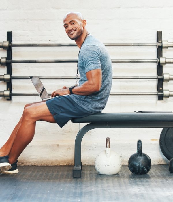Laptop,,Portrait,And,Manager,With,Man,In,Gym,For,Fitness